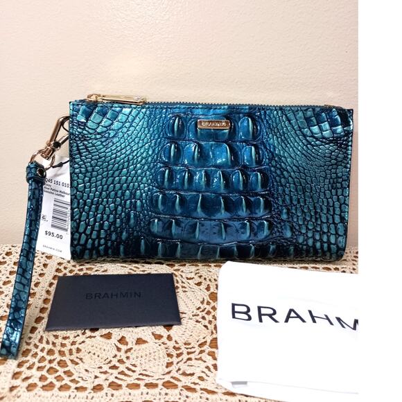 NWT Brahmin DAISY Leather Wristlet Clutch BLUE PATINA - Picture 1 of 8